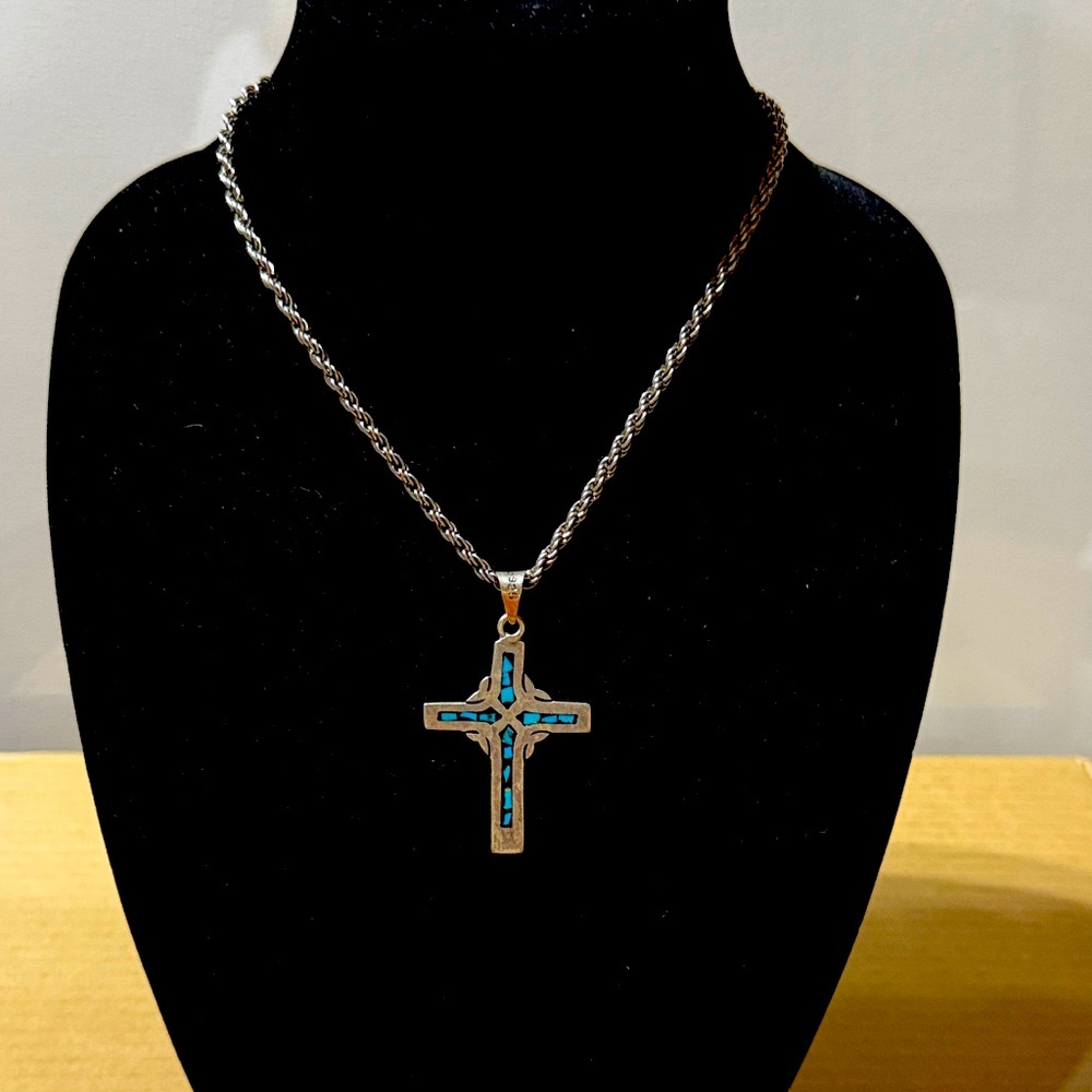 Silver Cross Necklace with Blue Accents